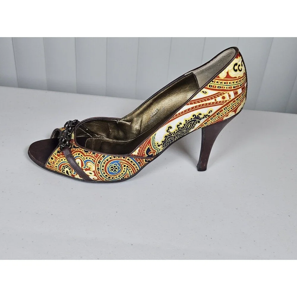 J.Crew Paisley Print Peep Toe Pump Heels Chain Detail Silk Fabric Made Italy 9.5